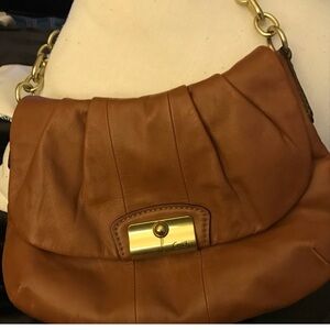 Coach Tan Leather Shoulder Bag with Gold Hardware